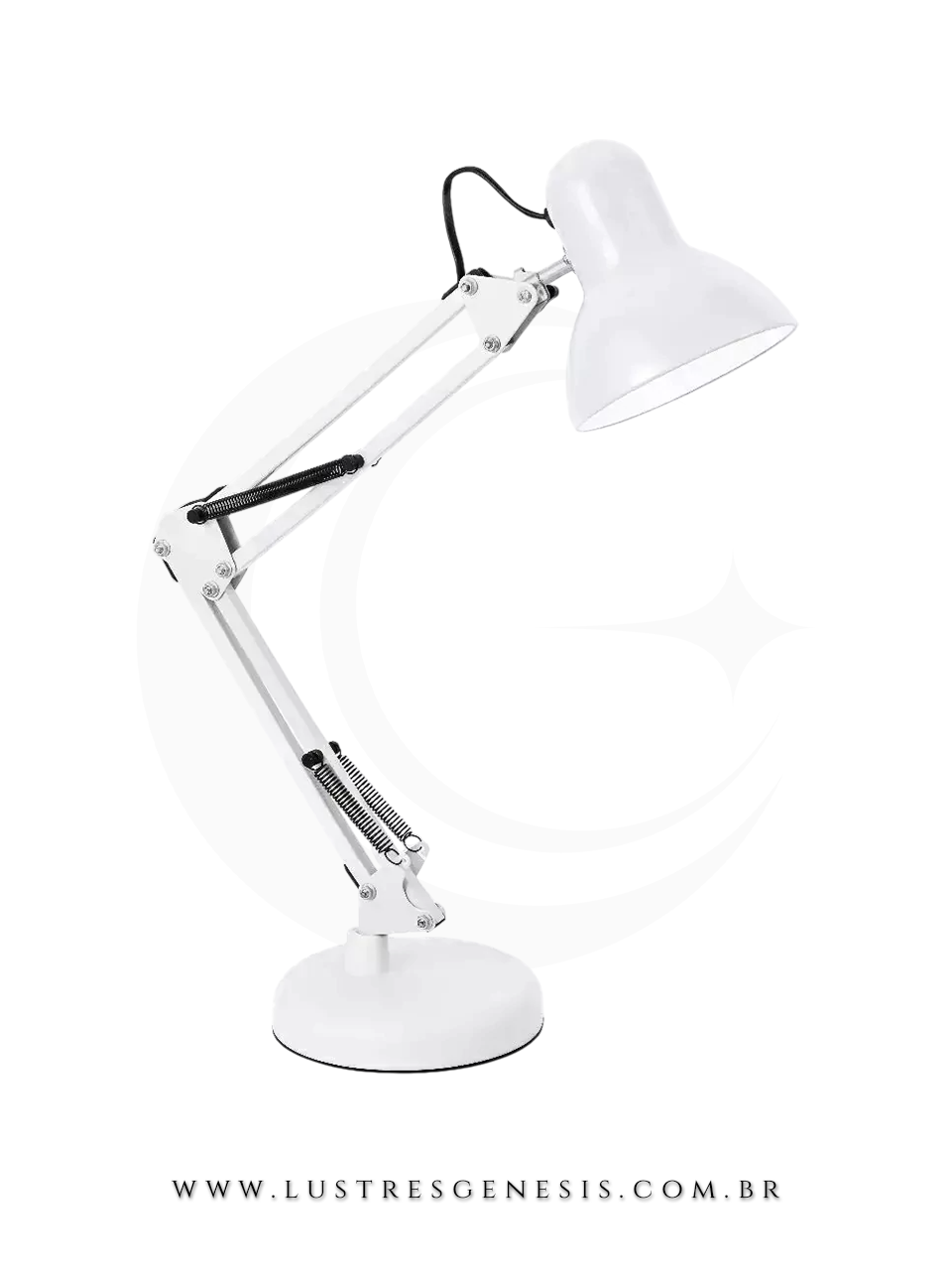 Luminária de mesa branca com design articulado para leitura e decoração. Lustres Gênesis loja online de Lustres e Iluminação Decorativa